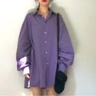 Plain Long-sleeve Loose-fit Shirt Purple - One Size