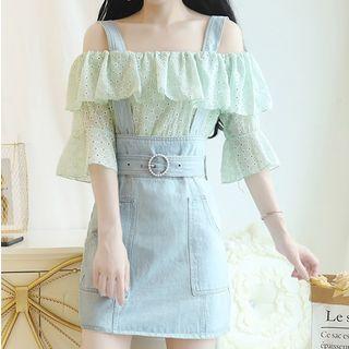 Elbow-sleeve Top / Denim Suspender Skirt / Set
