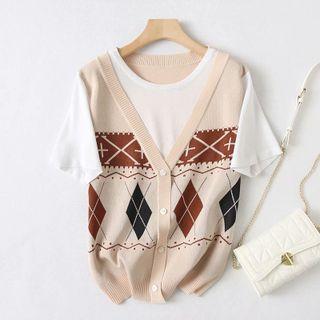 Mock Two-piece Argyle Knit Panel T-shirt