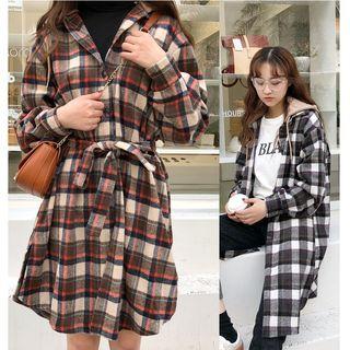 Hooded Plaid Long-sleeve Dress