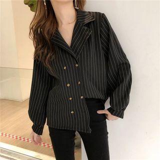 Striped V-neck Double-breasted Long-sleeve Loose-fit Blouse