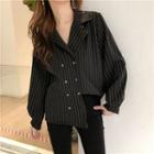 Striped V-neck Double-breasted Long-sleeve Loose-fit Blouse