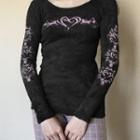 Heart Print Round Neck Long Sleeve Top