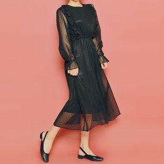 Sheer-sleeve Dotted Long Dress