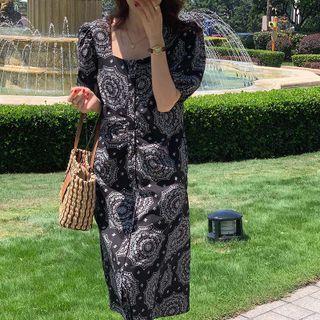 Puff-sleeve Paisley Print Midi Shift Dress