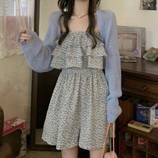 Spaghetti Strap Floral Romper / Open-front Cardigan