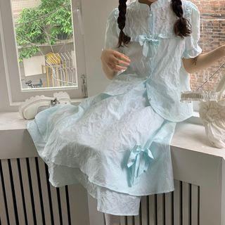 Short-sleeve Bow Accent Shirt / Midi A-line Skirt