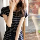 Short-sleeve Striped Knit A-line Dress Gray Stripes - Dark Blue - One Size