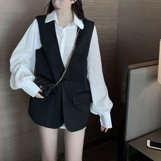 Set: Plain Shirt + Single-breasted Vest