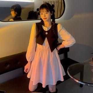 Puff-sleeve Mini A-line Dress / Asymmetrical Cropped Vest
