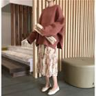 Side Slit Boxy Sweater / Floral Print A-line Midi Skirt