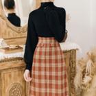 Set: Mock-neck Long-sleeve Knit Top + Plaid Midi Straight-fit Skirt