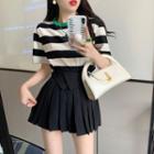 Short-sleeve Striped T-shirt / Asymmetrical Pleated A-line Skirt