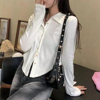 Long-sleeve Lapel Plain Shirt White - One Size