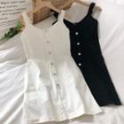 Plain Sleeveless Single-breasted Denim A-line Dress
