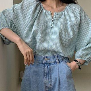 3/4 Sleeve Drawstring Crop Check Blouse As Shown In Figure - One Size