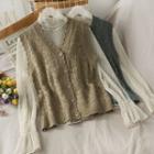 Set: Stand-collar Sheer Lace Top + Button-down Knit Vest