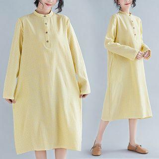 Long-sleeve Stand Collar Midi Plaid Shirtdress
