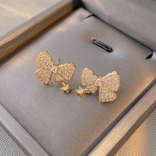 Bow Rhinestone Alloy Earring E5114 - 1 Pair - Gold - One Size