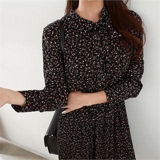 Tie-neck Floral Midi Flare Shirtdress