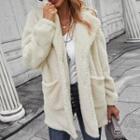 Long-sleeve Plain Pocketed Fluffy Button Jacket