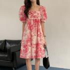 Short-sleeve Floral Print Mini A-line Dress Pink - One Size