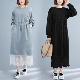 Long-sleeve Drawstring Lace Panel Midi A-line Dress
