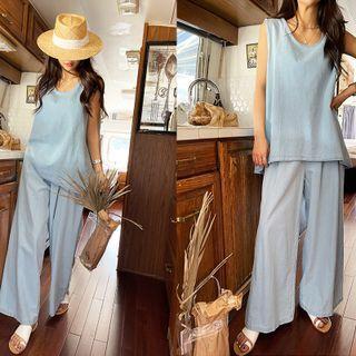 Tank Top & Wide Pants Denim Set Light Blue - One Size