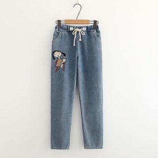 Cartoon Embroidered High-waist Straight-cut Jeans