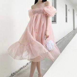Off-shoulder Puffy Smock Dress