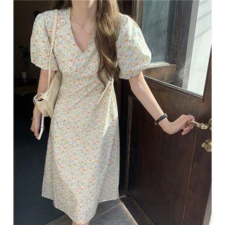 Short-sleeve Floral Printed V-neck Midi Dress Dress - One Size