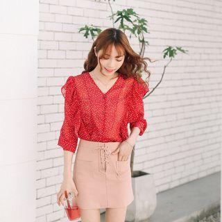 Ruffle Dotted Long-sleeve Chiffon Blouse