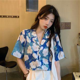 Short-sleeve Floral Shirt White Flowers - Blue - One Size