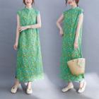 Cap-sleeve Floral Print Maxi Qipao Dress