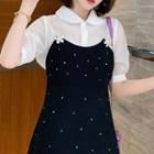 Set: Short-sleeve Shirt + Mini A-line Overall Dress