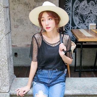 Short-sleeve Polka Dot Tulle Top
