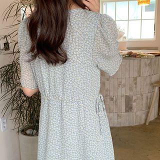 Tie-side Long Floral Dress Sky Blue - One Size