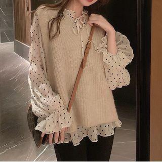 Dotted Blouse / Sweater Vest / Set