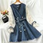 Dotted Panel Long-sleeve Denim Mini A-line Dress Blue - One Size