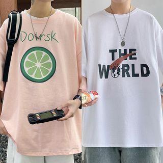 Set: Elbow-sleeve Print T-shirt + Lettering T-shirt
