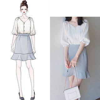 Set: Elbow-sleeve Blouse + Mini Mermaid Skirt