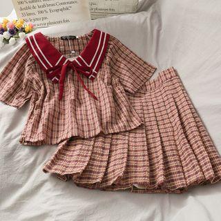 Set: Patchwork Checker Blouse + Pleated Mini Skirt