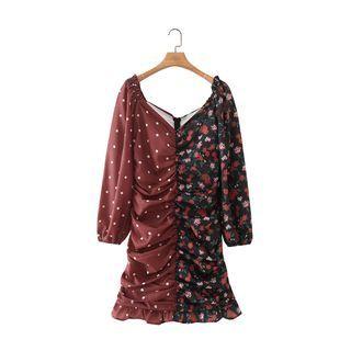 Floral Dotted Panel Shirred Mini Dress