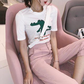 Dinosaur Print Short Sleeve T-shirt / High Waist Cropped Pants
