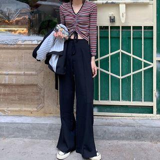 Long-sleeve Striped T-shirt / High Waist Wide-leg Pants