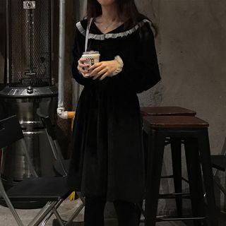 Long-sleeve Frilled Collar A-line Dress Black - One Size