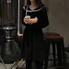 Long-sleeve Frilled Collar A-line Dress Black - One Size