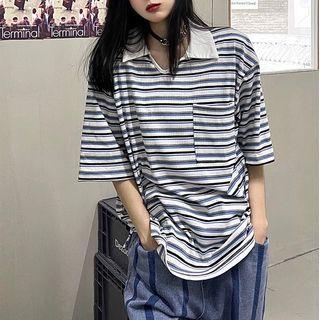 Polo Collar Pinstriped T-shirt Stripe - Blue - One Size