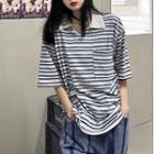 Polo Collar Pinstriped T-shirt Stripe - Blue - One Size