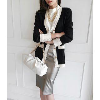 Fray-edge Contrast-trim Cardigan Black - One Size